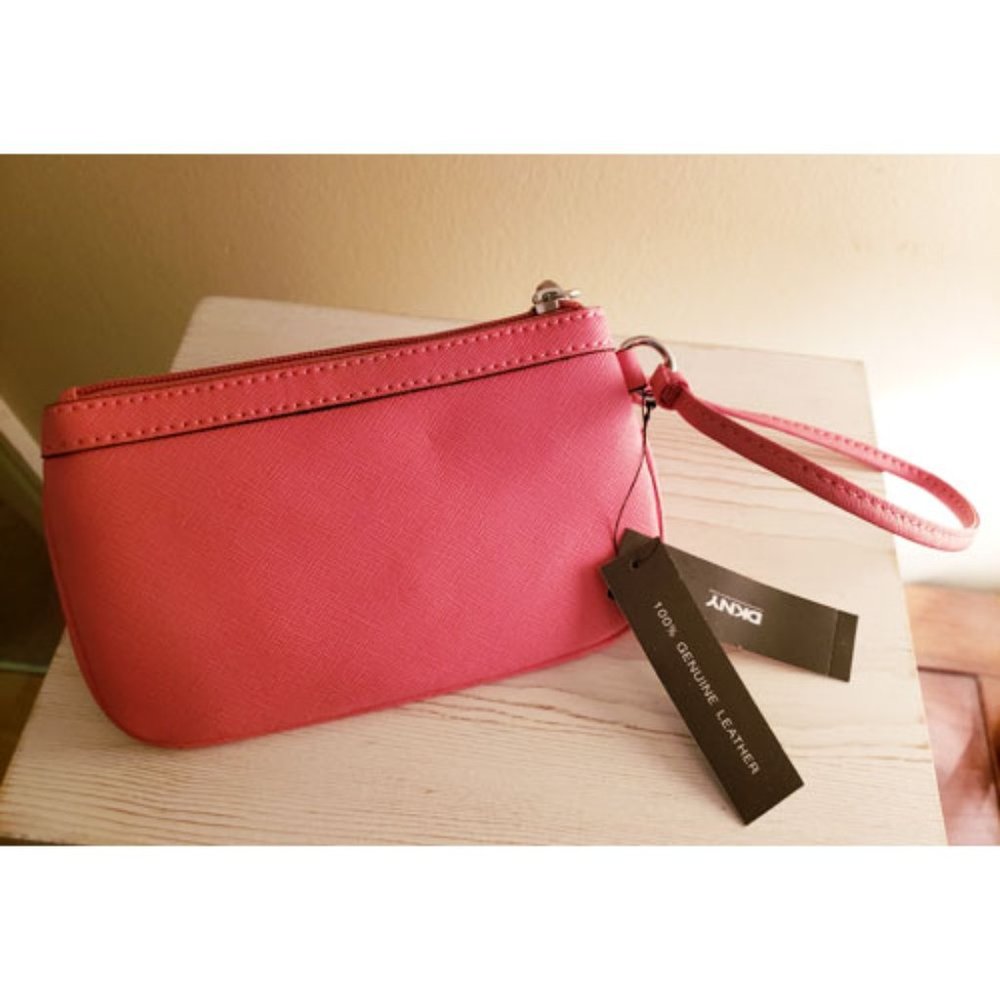 DKNY Pink Leather Wristlet Wrist Wallet Strap Interior Pocket Silvertone NWT - Picture 1 of 4